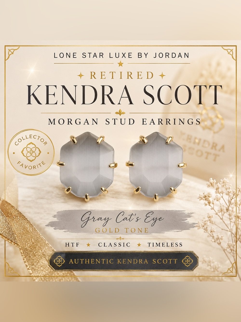 Kendra Scott Morgan Earrings – Gray Cat’s Eye | Gold Tone | Retired Collector
